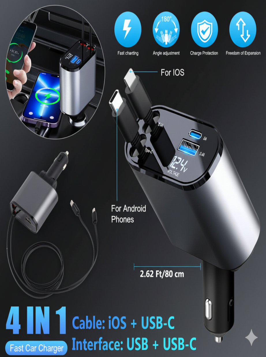 LuxCharge™ 4-in-1 Fast Car Charger with Digital Display - Type C + Type C