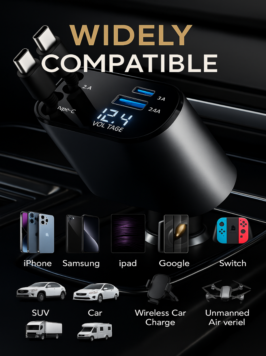 LuxCharge™ – 4-in-1 Fast Car Charger with Digital Display Type C + Lightning